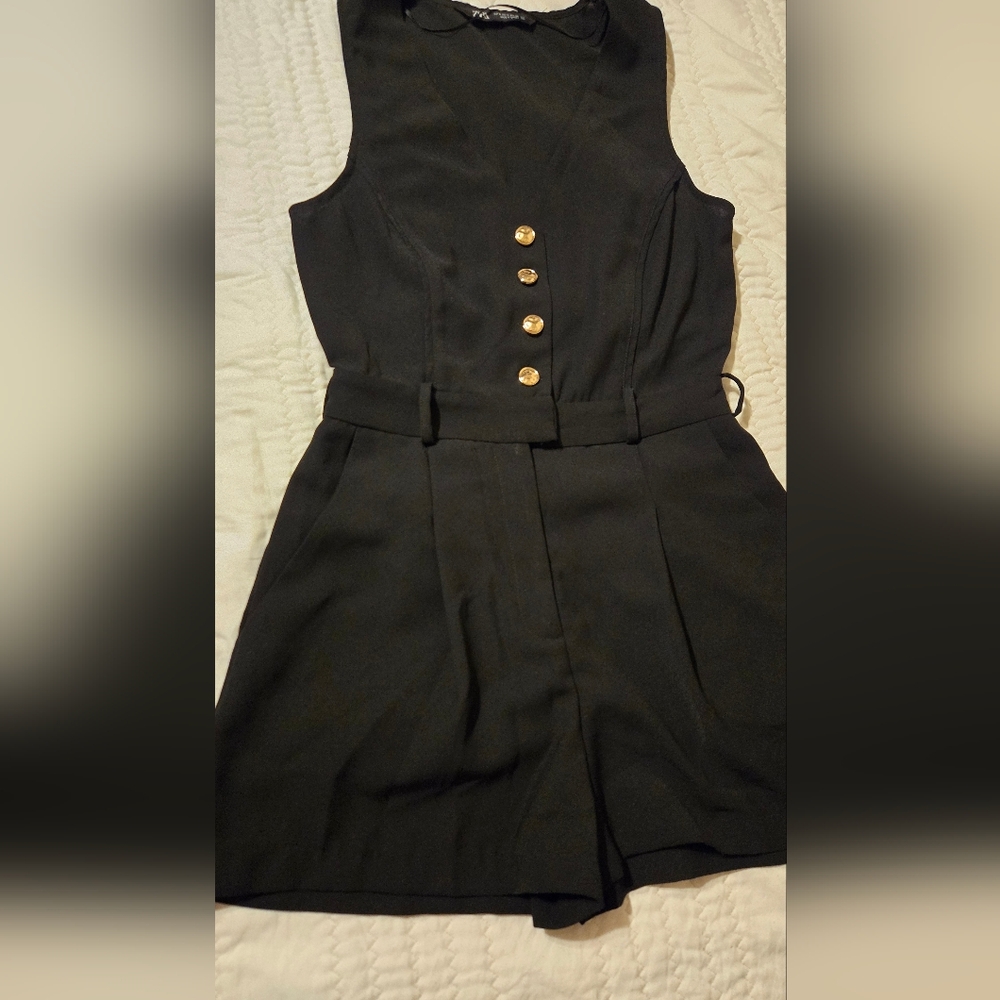 Zara Black Sleeveless Romper with Gold Buttons